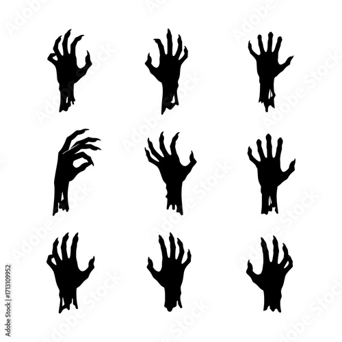 Spooky Black Silhouette Zombie Hand Icons with Sharp Claws Reaching Upwards in Various Angles