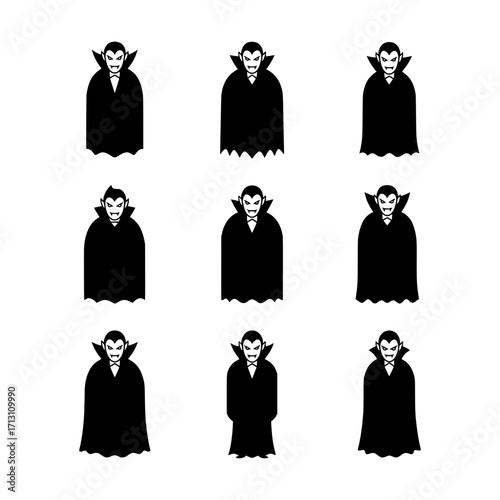 Collection of Spooky Vampire Head and Cape Silhouettes with Different Facial Expressions and Collar Styles