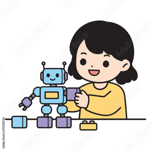 Joyful young girl assembling a colorful robot toy with building blocks, fostering creativity and stem learning in a playful setting