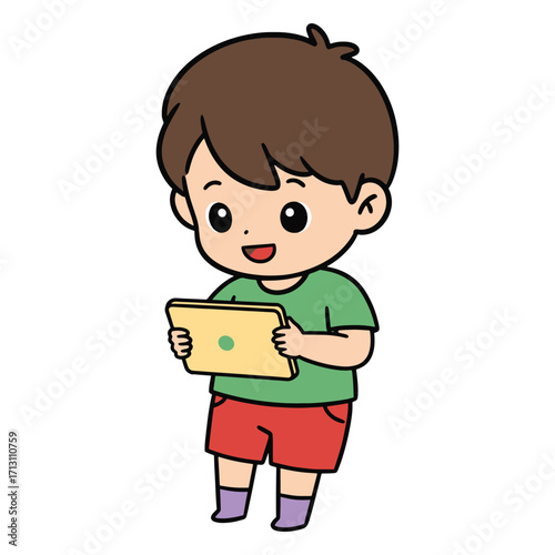 Cute cartoon boy happily playing with a tablet, engrossed in a digital world, showcasing modern childhood and technology interaction