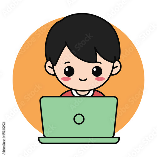Cute cartoon boy with dark hair wearing a red shirt, smiling and looking at a light green laptop screen, against an orange circular background, symbolizing childhood learning and technology engagement