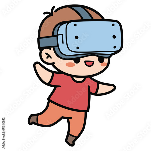 Cute illustration of a child wearing a virtual reality headset and happily playing in a digital world