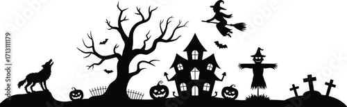 Halloween night scene, spooky haunted house, witch flying on broom, pumpkin jack o lantern, scarecrow, wolf howling, cemetery, dark tree, Halloween silhouette, festive holiday