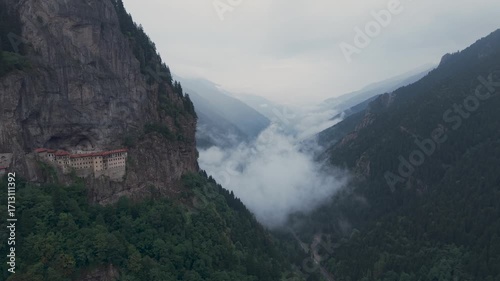 Aerial Drone View of Sumela Monastery in the Misty Mountains of Trabzon, Turkey