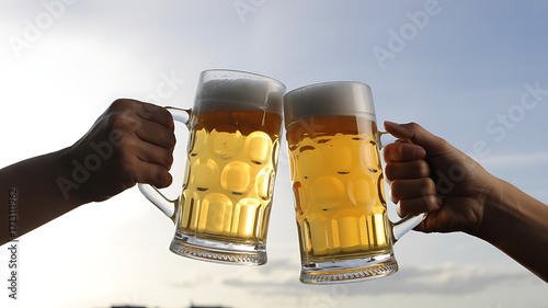 Hands clinking beer mugs in a joyful toast against a bright sky.