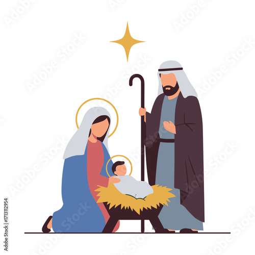 Christmas nativity scene depicting Mary,  Joseph and baby Jesus in a cozy setting digital art spiritual theme. Vector illustration