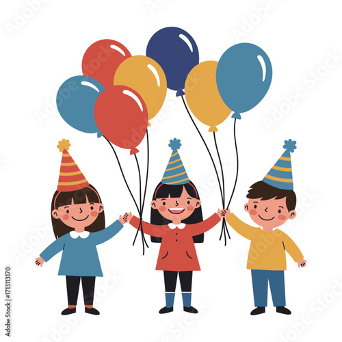 Children celebrating birthday party with colorful balloons home digital illustration festive atmosphere front view joyful moments. Vector illustration