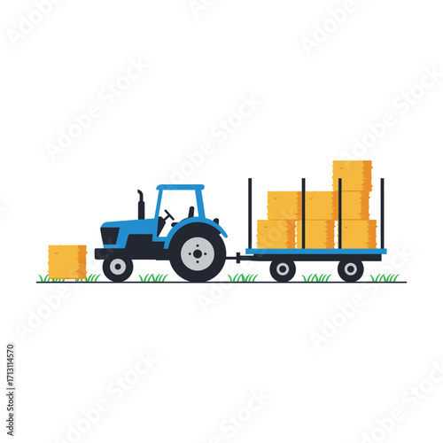 Harvesting operations with tractor transporting bales agricultural field illustration sunny environment side view. Vector illustration