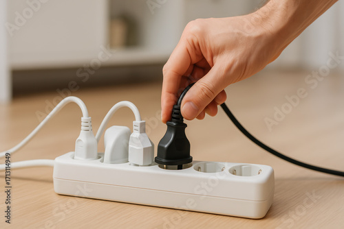 Unplug electrical safety extension cord risk power strip hand wood floor living room plug removal calm focused