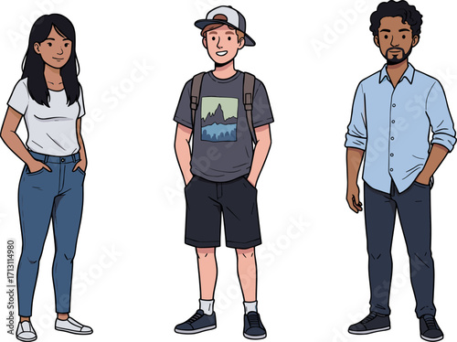 Casual group of young adults socializing urban setting illustrated content vibrant environment front view community engagement. Vector illustration