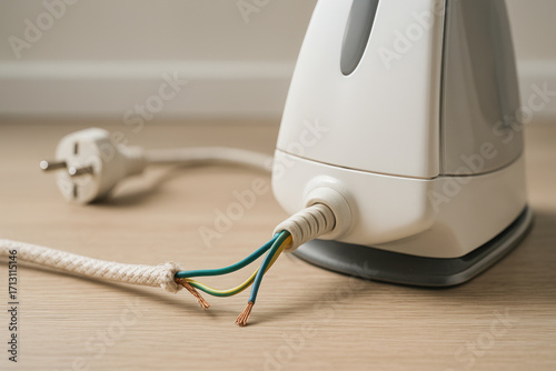 Unplug electrical safety extension cord risk exposed wire iron appliance danger caution