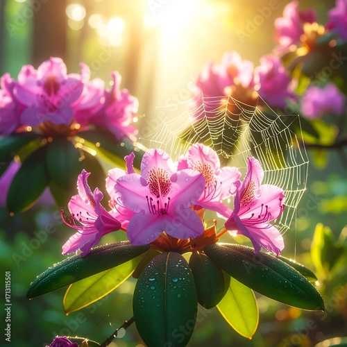 Dew-kissed pink azaleas bloom under a sunlit morning sky, a delicate spiderweb adding a touch of artistry to the vibrant display.