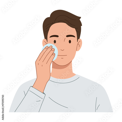 Skincare routine step young man cleansing face with cotton pad bathroom digital illustration clean environment self-care. Vector illustration