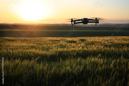 Drone monitoring a field during morning light in spring wheat