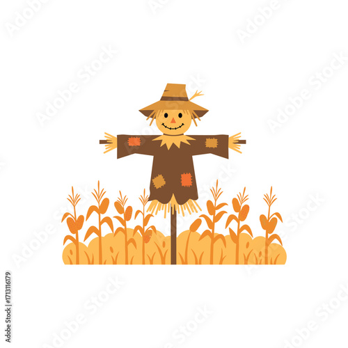 Harvest season scarecrow standing in golden wheat field illustration autumn outdoor cheerful concept. Vector illustration