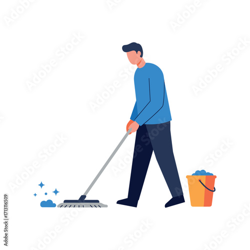 Cleaning action by a person in a home setting with a mop and bucket indoor environment minimalist viewpoint. Vector illustration