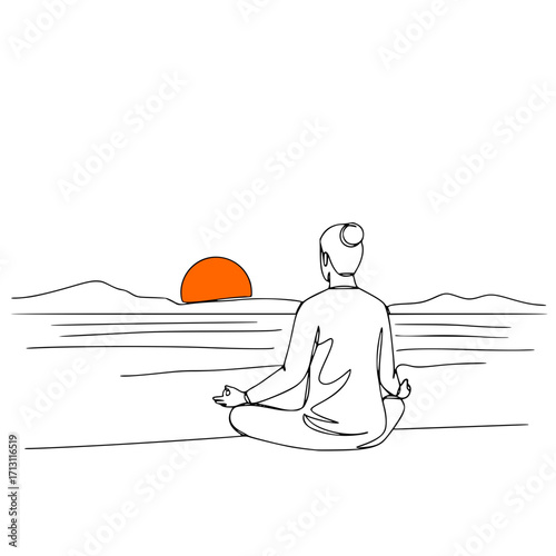 Funny Vector drawing: A Person peacefully meditates and does yoga on a morning beach by the ocean.
