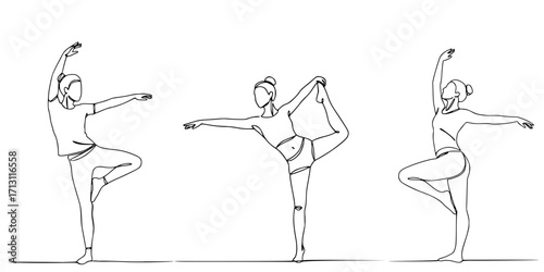 A miniset of three vector images of women doing yoga on a morning beach, in different poses, in the style of line art in the style of a minimalistic vector sketch