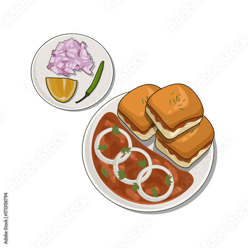 Vector illustration of pav bhaji, a traditional Indian dish with bread, bhaji, onions, chili, and lemon. Flat style, bright colors.