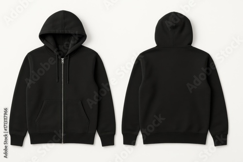 Black zip hoodie mockup front and back on clean white background with realistic fabric texture and natural shadow for apparel design