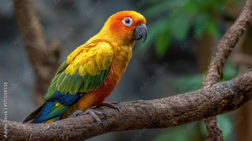 Obraz premium A Colorful Parrot Perched on a Branch Surrounded by Lush Greenery, Showcasing Its Vibrant Plumage with Bright Hues of Orange, Yellow, Green, and Blue Feathers