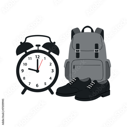 Morning routine essentials alarm clock backpack and shoes home digital illustration flat design lifestyle. Vector illustration