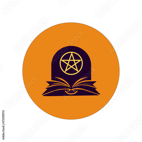 vector illustration Open book with a pentagram symbol on an orange background for Halloween mysticism 