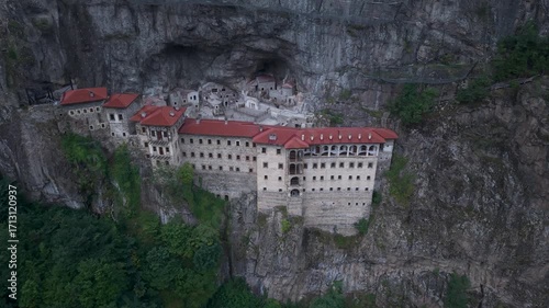 Aerial Drone View of Sumela Monastery in the Misty Mountains of Trabzon, Turkey