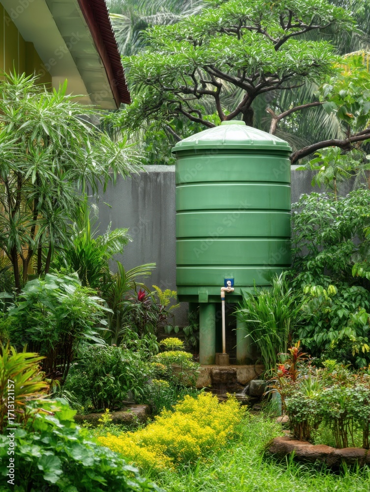 Obraz premium A Lush Tropical Garden Featuring a Green Water Storage Tank Surrounded by Vibrant Foliage and Rich Biodiversity in a Serene Environment