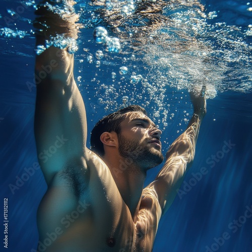 Elegant underwater capture of a male swimmer, stylish swimsuit, beams of sunlight pierce the water, soft bubbles rising, vivid reflections on skin and water surface.