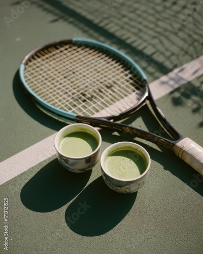 Tennis Racquet Paired with Refreshing Matcha Teas on a Court Surface, Highlighting the Fusion of Sport and Wellness Culture