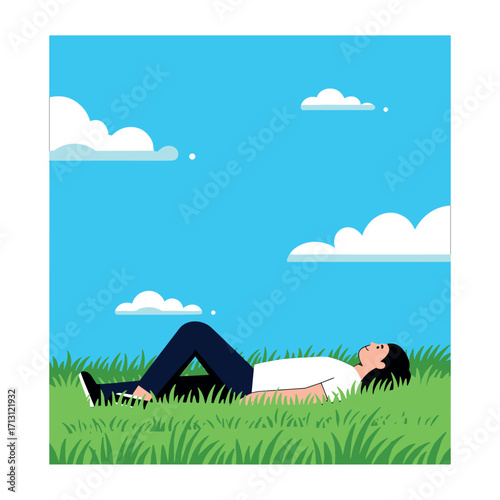 Relaxing in nature a tranquil day under blue skies in a lush grass field. Vector illustration