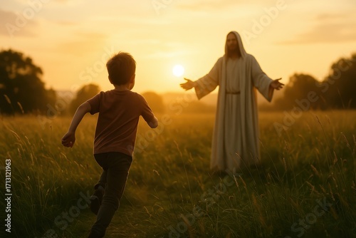 Small child running across sunlit meadow toward gentle robed figure with outstretched arms hopeful faith scene golden light uplifting spiritual moment