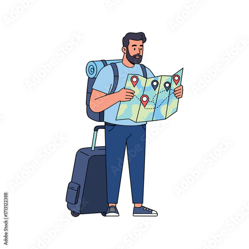 Travel adventure planning exploring new destinations with a map in hand outdoors scenic viewpoint. Vector illustration