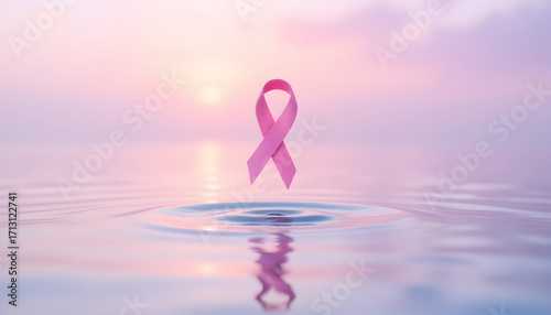 pink ribbon floating above a reflective surface of water