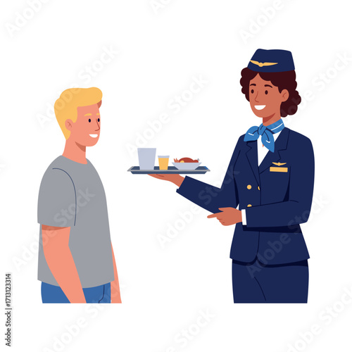 Airline service action in-flight dining food presentation aircraft cabin eye-level view hospitality experience. Vector illustration