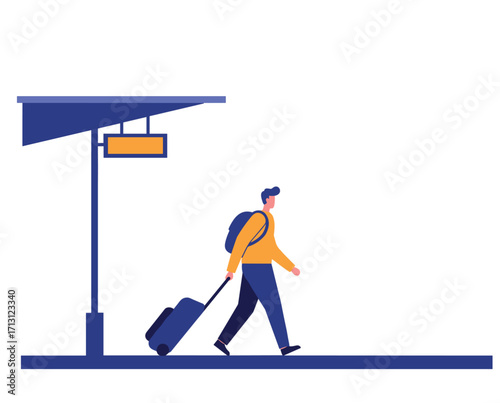 Traveling with luggage at a train station illustration urban environment side view motion concept. Vector illustration