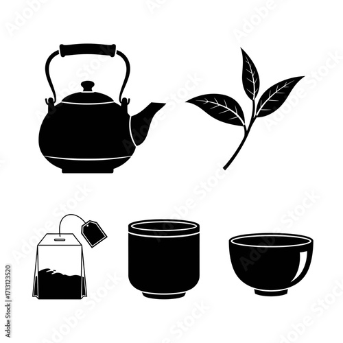 Tea ceremony icon set in minimalist style with black elements