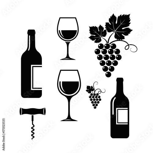 Wine shop icon set featuring bottles, glasses, and grapes in minimalist style