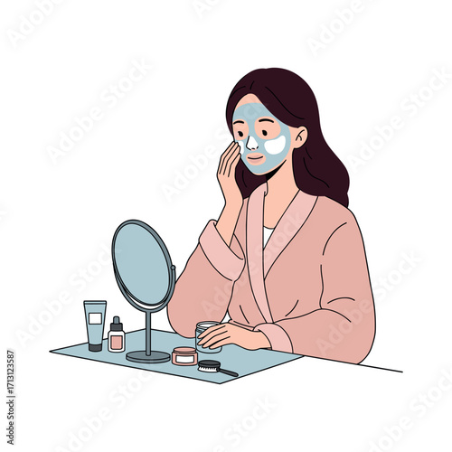 Self-care routine woman applying face mask at home lifestyle image relaxing environment. Vector illustration