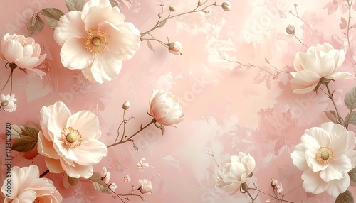Delicate floral design in soft pinks and creams, showcasing a textured background and three-dimensional blossoms.
