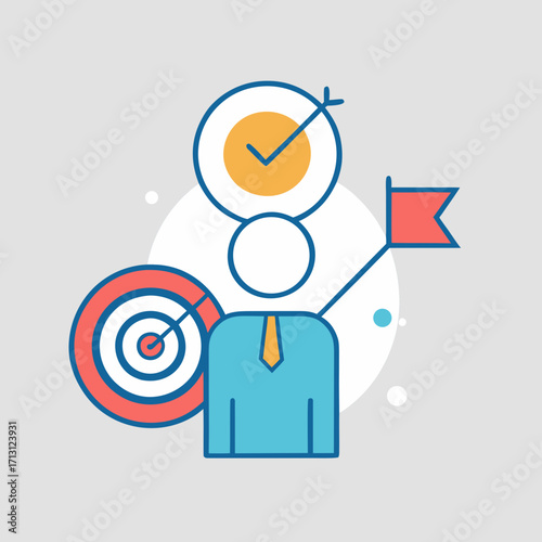 Business person achieving goals with targets and success symbols