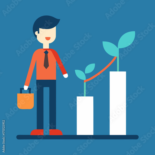 Businessman nurturing growing plants on bar chart representing success