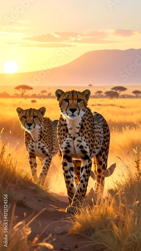 Two cheetahs gracefully stride through a golden savanna landscape at sunrise, their spotted coats gleaming in the warm morning light.