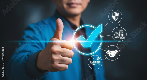 Businessman giving thumbs up with check mark surrounded by assurance icons illustrating business quality control and customer satisfaction guarantees for trust and reliability and high performance 