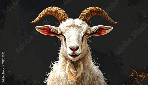 A close-up illustration of a majestic white goat with elaborate brown horns, set against a dark backdrop with artistic texture.