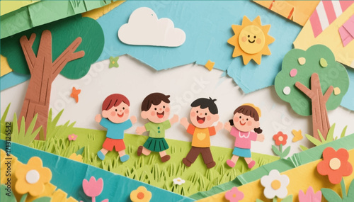 An illustration of an application in the style of children's creativity cut out with scissors from colored paper depicting children playing in the park. Vector graphics. EPS.