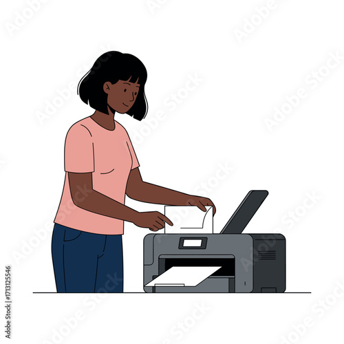 Printing documents at home a woman using a printer in a cozy office environment. Vector illustration