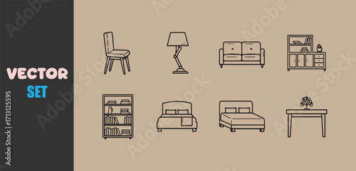 Hand drawn vector set of furniture icons for interior design