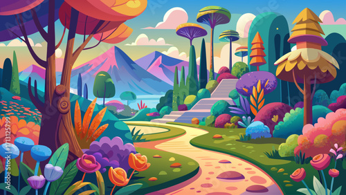 Colorful illustrated landscape featuring a pathway surrounded by vibrant trees and flowers